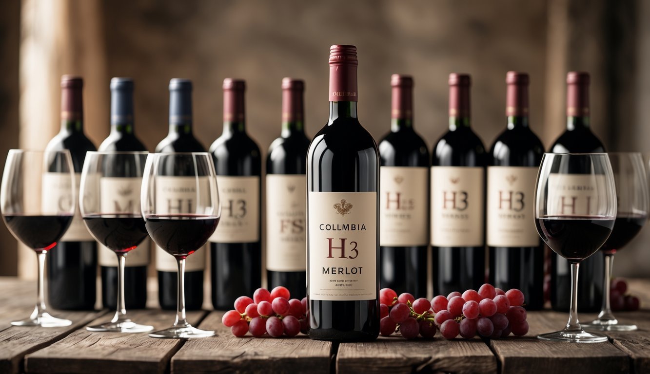 A bottle of Columbia Crest H3 Merlot surrounded by seven other red wine bottles on a wooden table with two glasses of red wine.