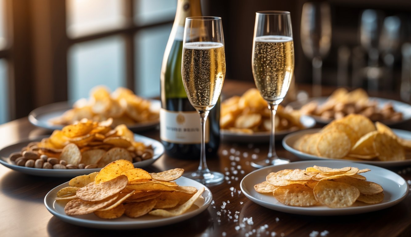 A bottle of sparkling wine with two filled glasses next to plates of crispy, salty appetizers on a wooden table.