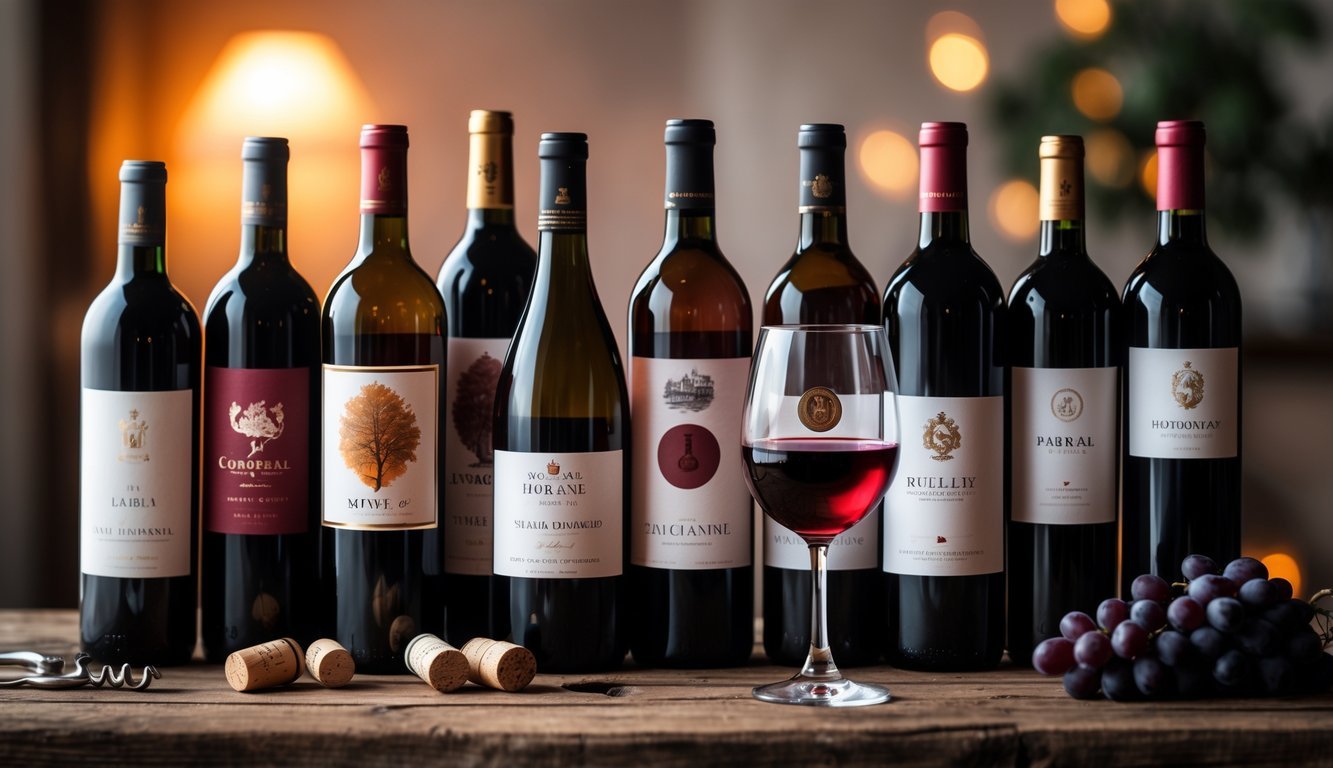 Eight bottles of red wine arranged on a wooden table with a glass of red wine and grapes nearby.