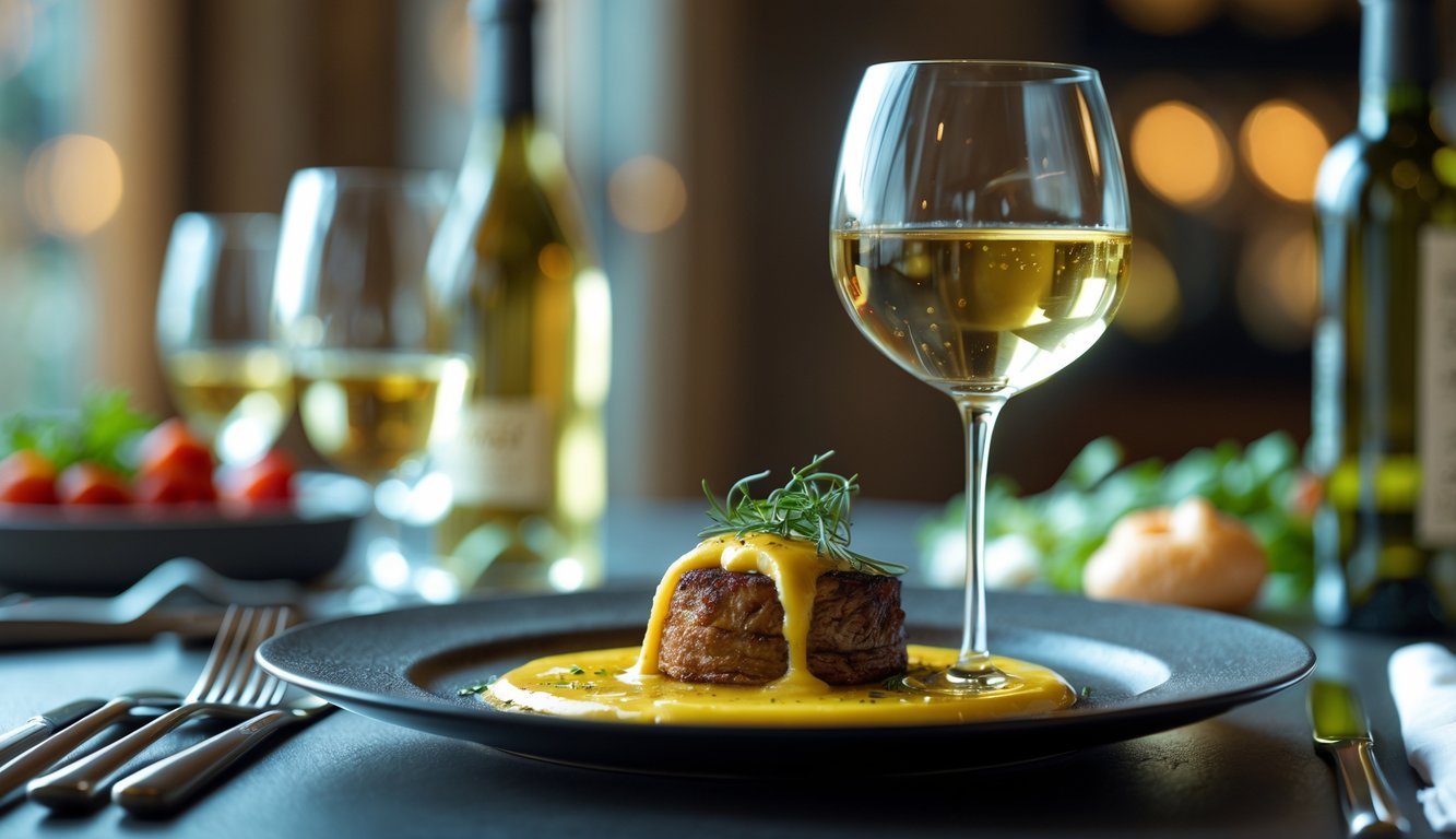 A dining table with a gourmet dish covered in buttery sauce and a glass of Chardonnay wine beside it.