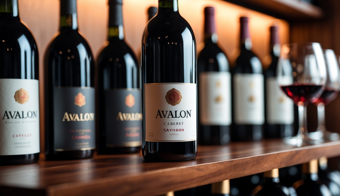 A close-up of a bottle of Avalon Cabernet Sauvignon among eight red wine bottles arranged on a wooden surface with wine glasses nearby.