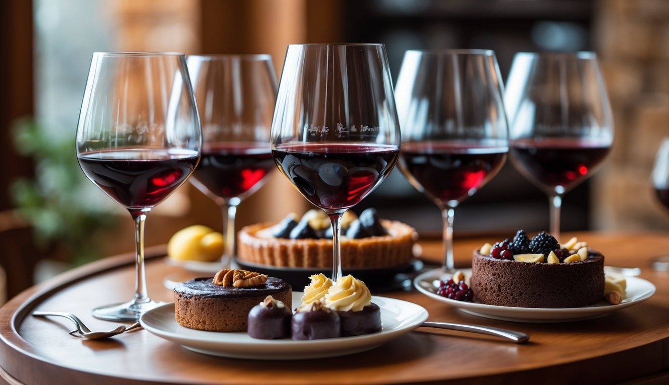 A table with glasses of dark red wine paired with desserts including chocolate tart, spiced fig cake, and dried fruits.