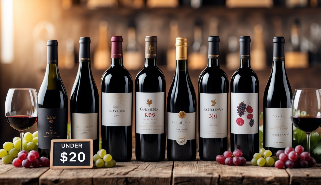 Eight bottles of red wine arranged on a wooden table with wine glasses and grapes in a softly lit setting.