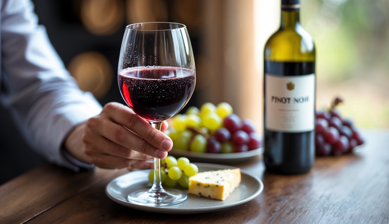 A person holding a glass of red Pinot Noir wine with a plate of cheese and grapes on a wooden table.