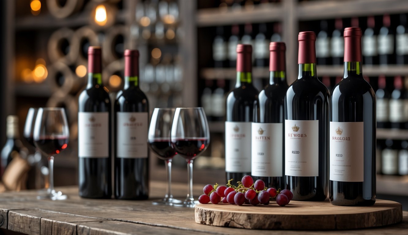 A table with several bottles of red wine and filled wine glasses in a cozy indoor setting.