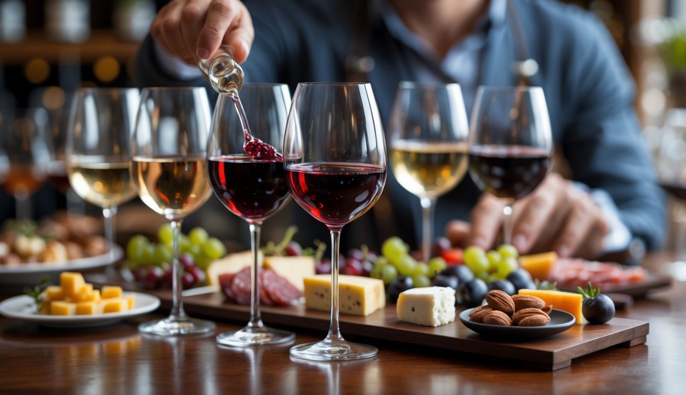 A table with glasses of red, white, and rosé wine alongside plates of cheese, nuts, fruit, and cured meats, with a hand swirling a glass of red wine.