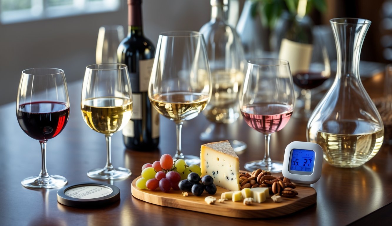A table with various wine glasses filled with different wines, a thermometer, and a cheese board with cheeses and grapes.