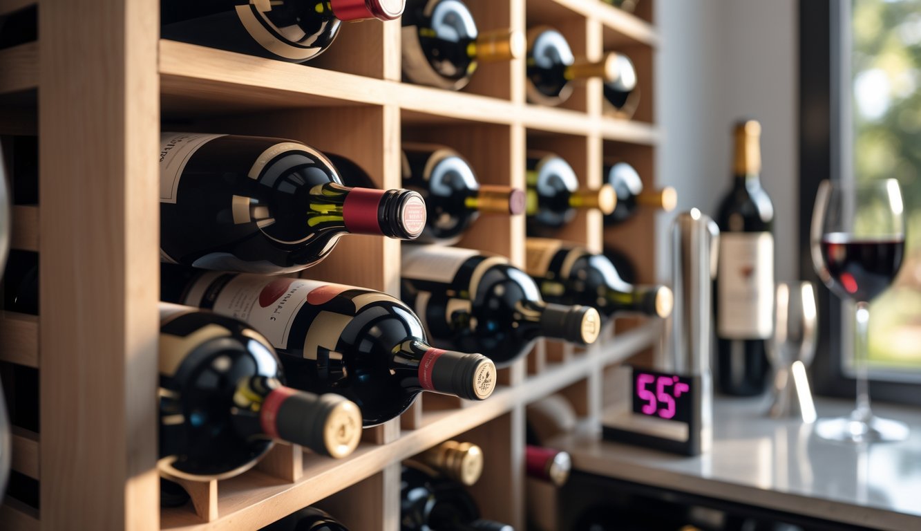 Wine bottles stored on wooden racks in a cellar with a visible thermometer showing 55 degrees Fahrenheit.