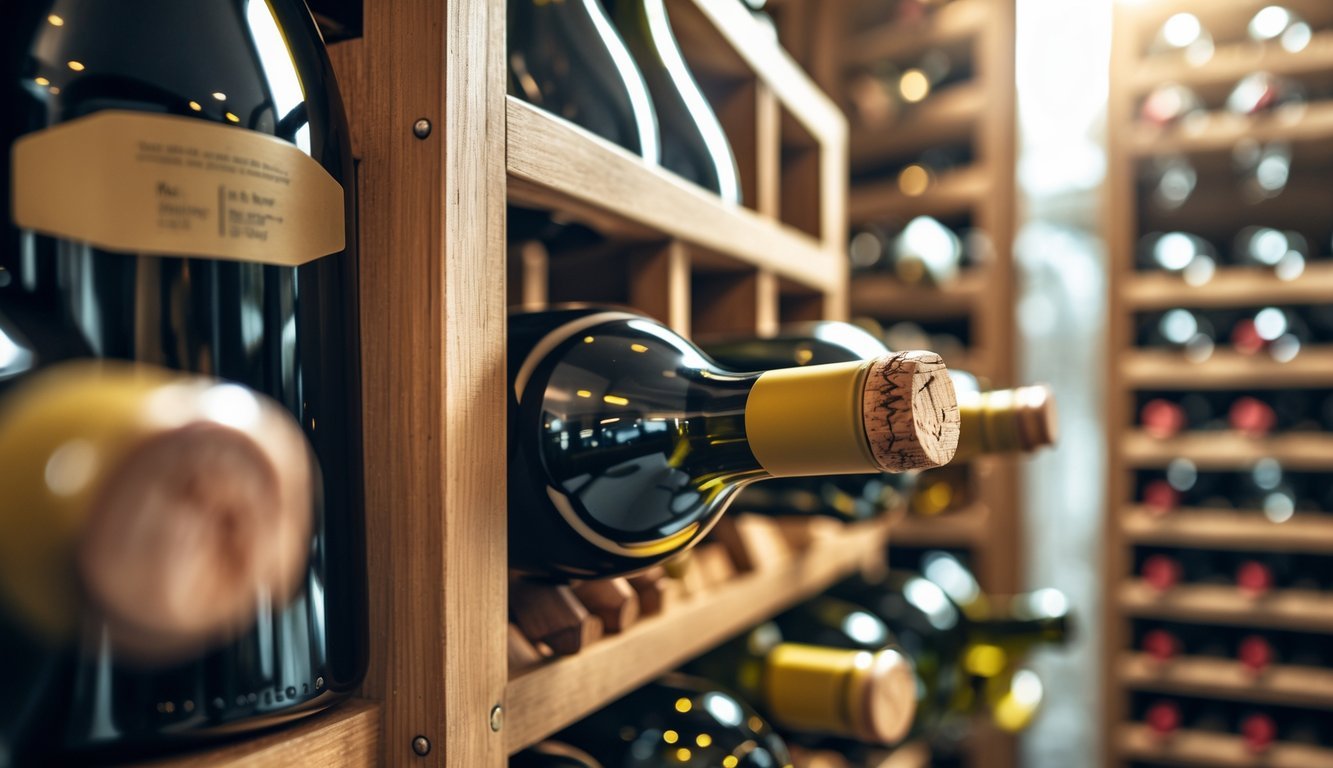 Wine bottles stored horizontally on a wooden rack with corks visible in a wine cellar.