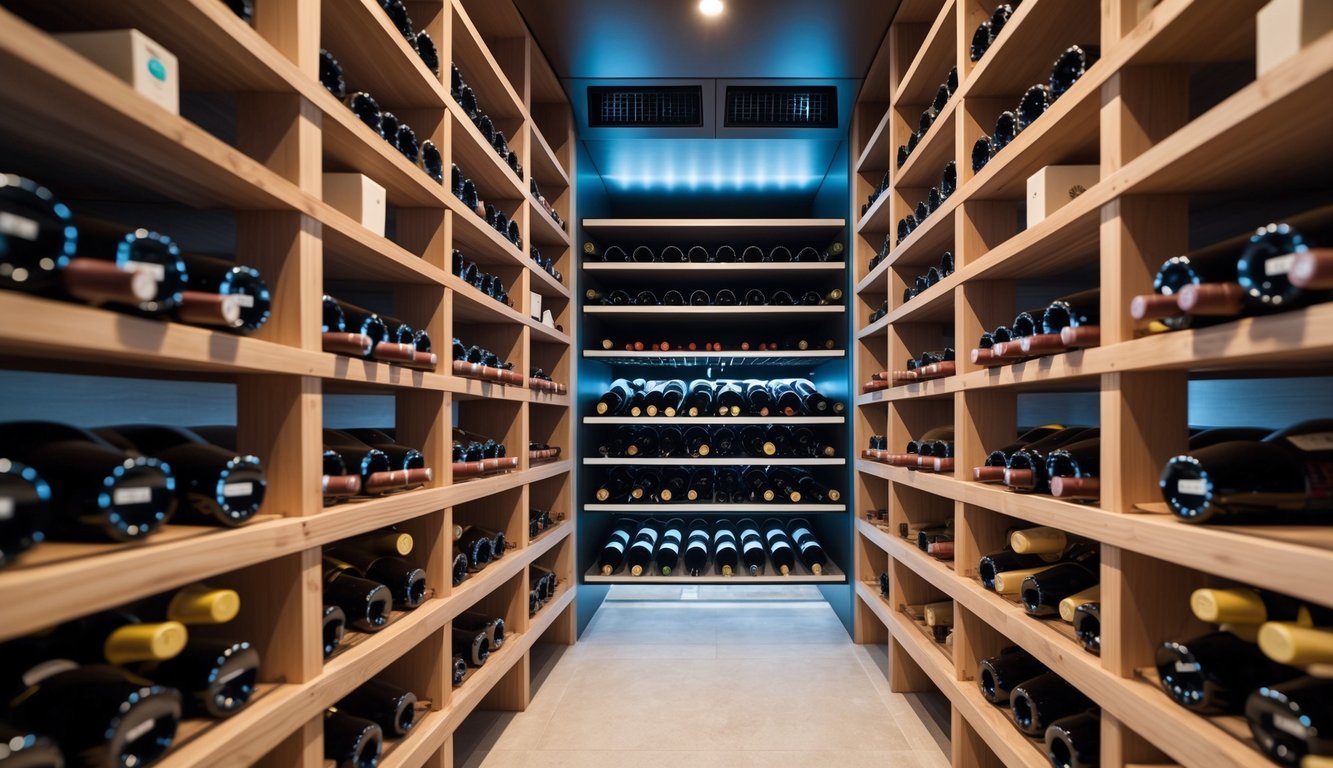 A modern wine cellar with wooden racks holding wine bottles horizontally under soft indirect lighting, showing a clean and organized storage space.