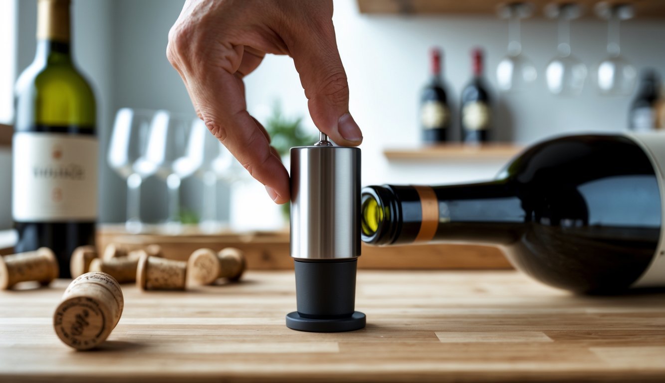 A person using a vacuum wine stopper on a red wine bottle on a wooden kitchen countertop.