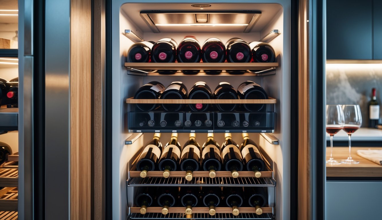 Open refrigerator showing neatly stored red wine bottles on racks and shelves with some bottles slightly warmed and wine glasses nearby.