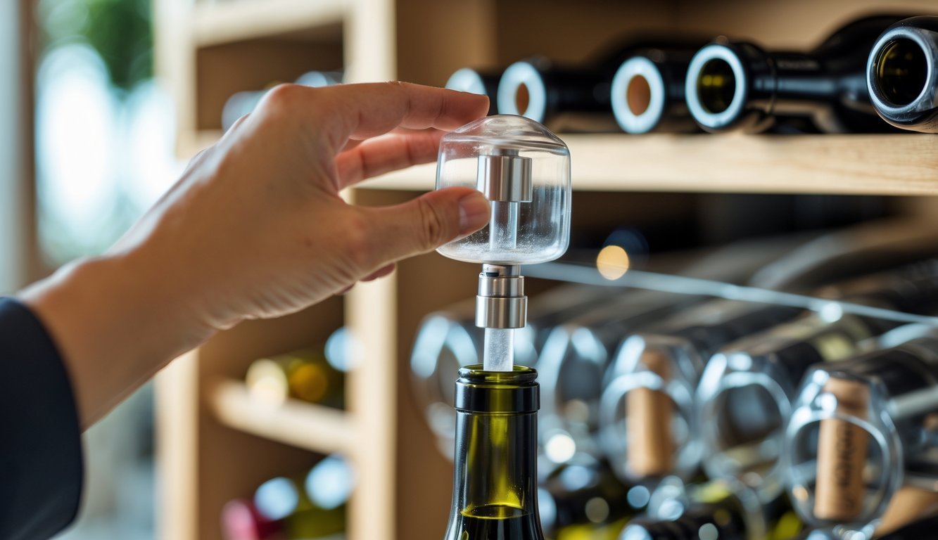 Close-up of a hand placing an argon wine preserver into a partially opened wine bottle surrounded by other wine bottles on wooden racks.