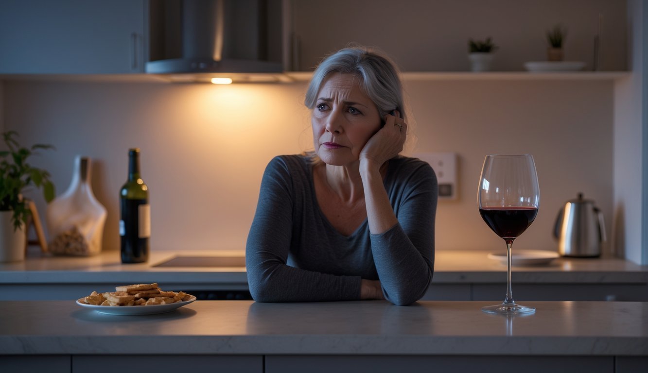 A woman sitting alone at a kitchen counter holding a glass of wine, looking anxious and contemplative.