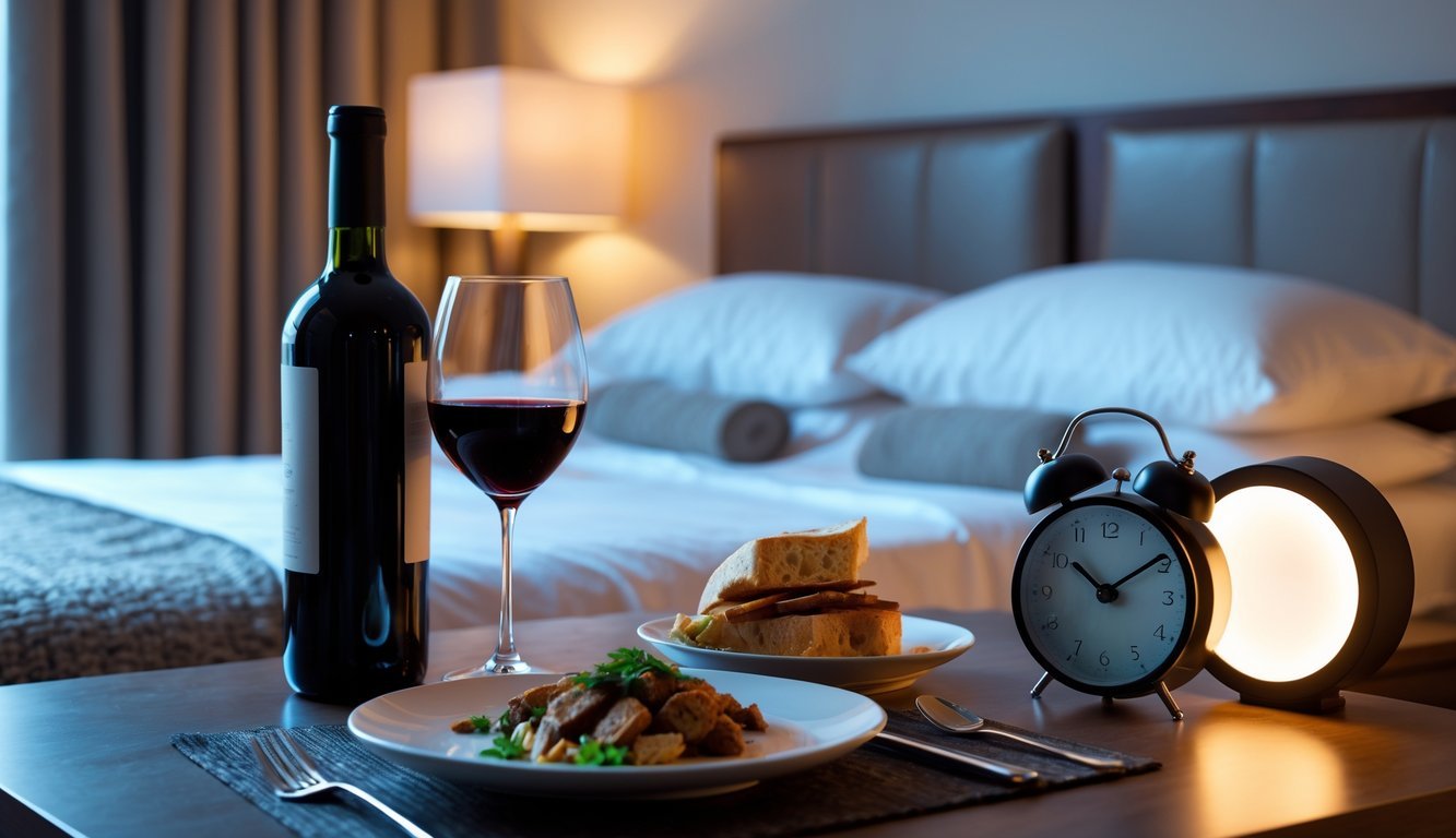 A dining table with a bottle of red wine and a glass next to a bedside table with an alarm clock and lamp, with a cozy bedroom in the background.