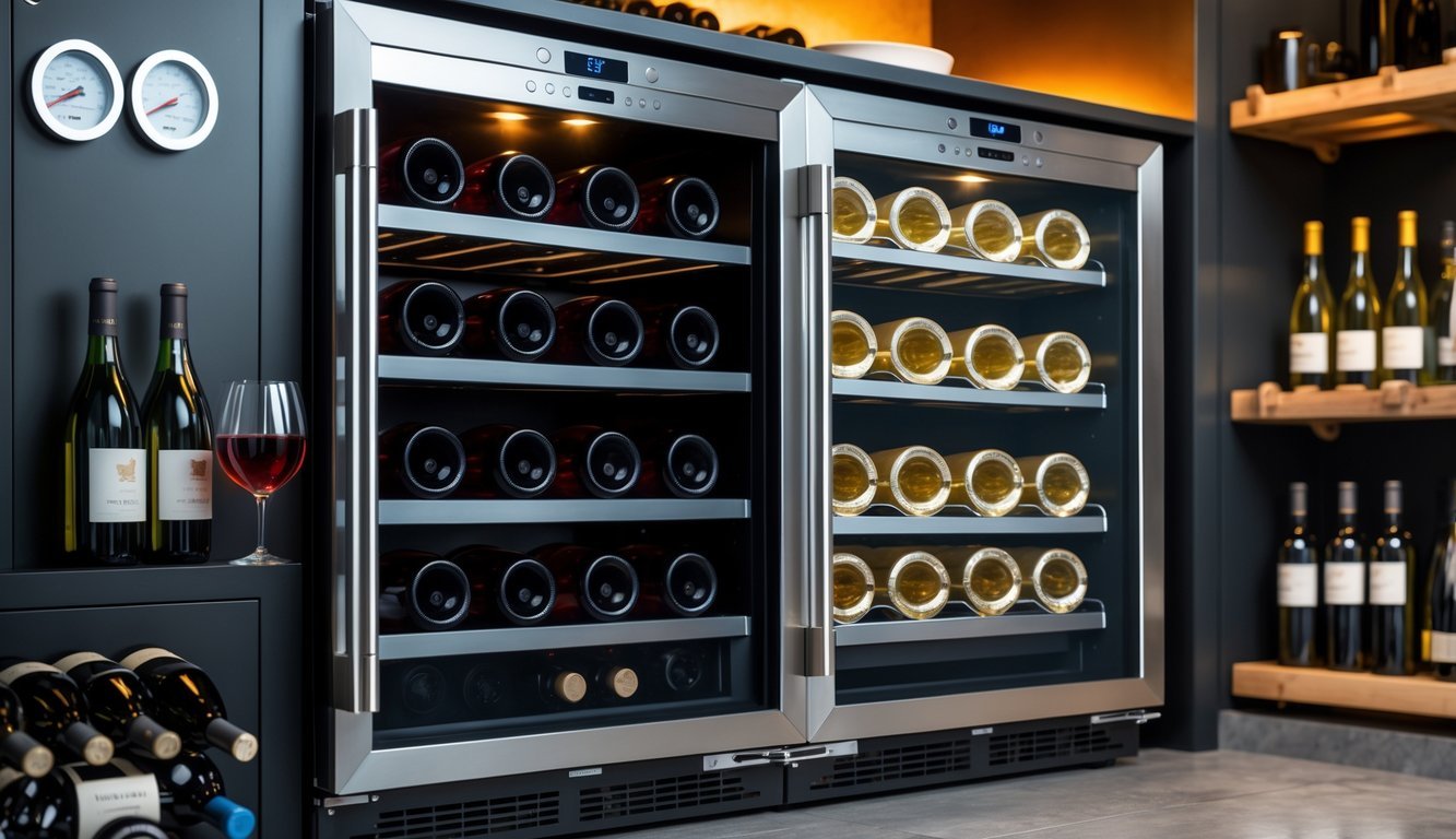 A dual-zone wine fridge with red wines on one side and white wines on the other, neatly stored in a modern kitchen setting.