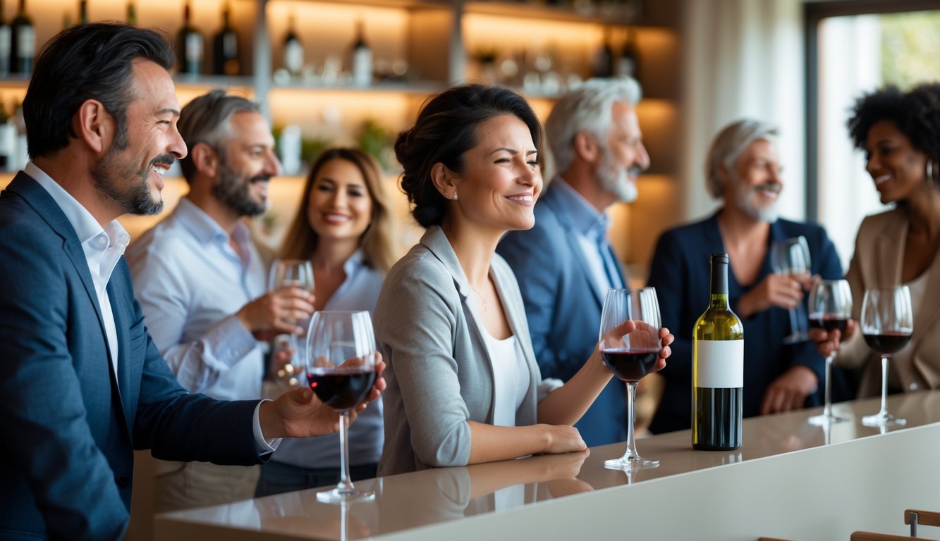 A group of adults socializing around a kitchen bar, one person holding a glass of wine looking distracted while others chat and laugh.
