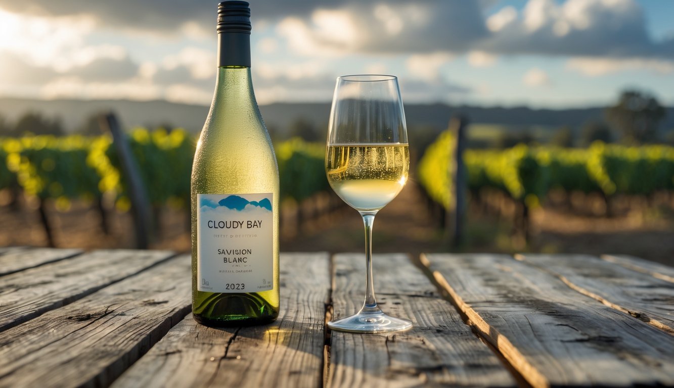 A bottle of white wine with a filled glass on a wooden table, with a blurred vineyard and cloudy sky in the background.