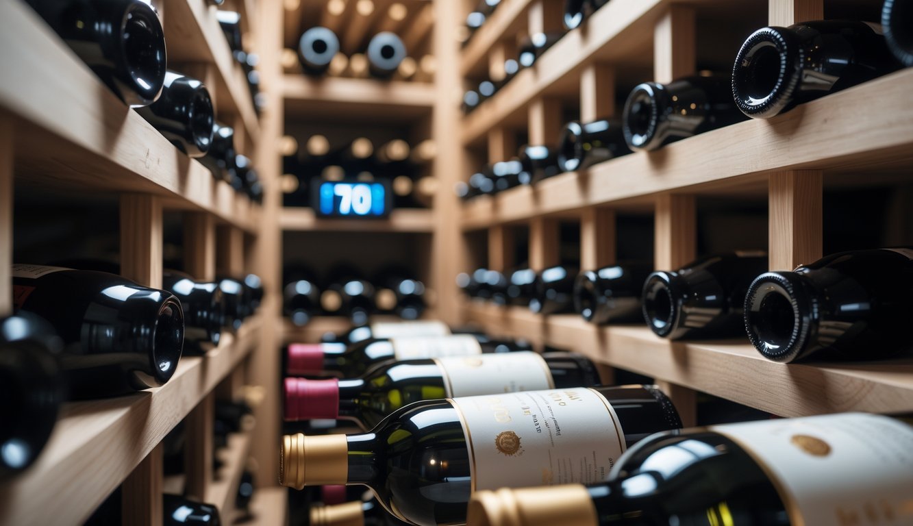 Wine bottles stored horizontally on wooden racks in a wine cellar with a visible humidity gauge.