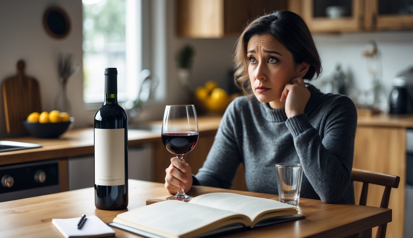 A person sitting at a dining table holding a glass of red wine, looking thoughtful in a cozy kitchen setting.