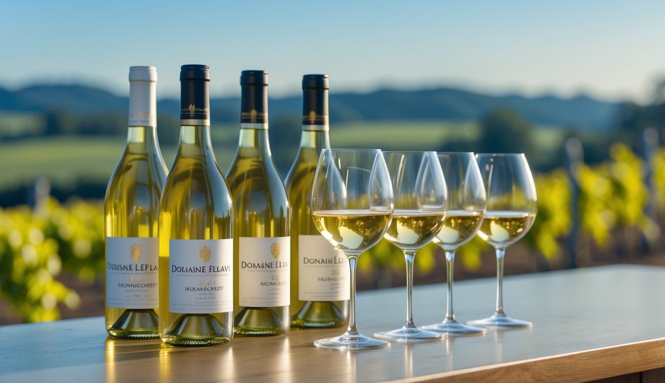 A table with bottles of white wine and filled wine glasses, set against a blurred vineyard background.