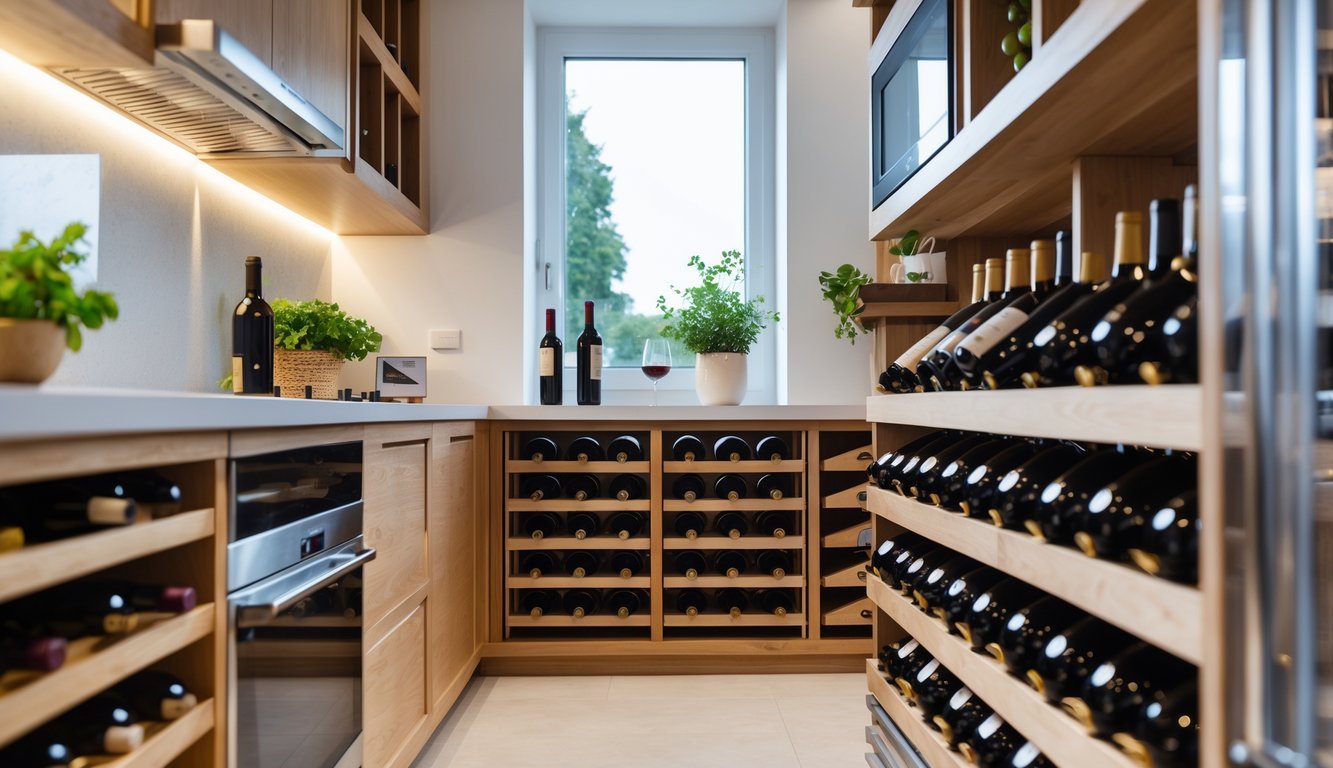 Wine bottles stored horizontally on wooden racks in a kitchen, placed away from appliances to maintain stable temperature.