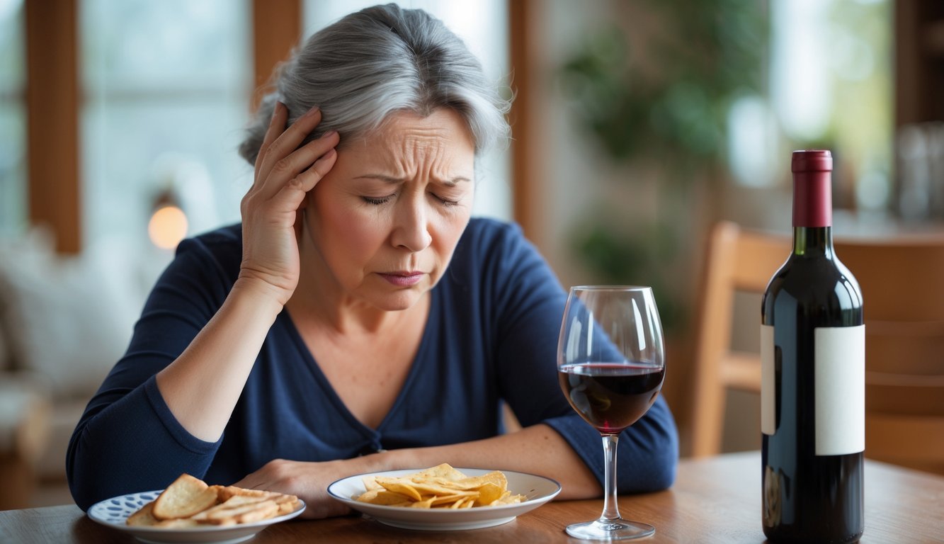 A woman sitting at a dining table with a glass of red wine, touching her temple with a concerned expression.