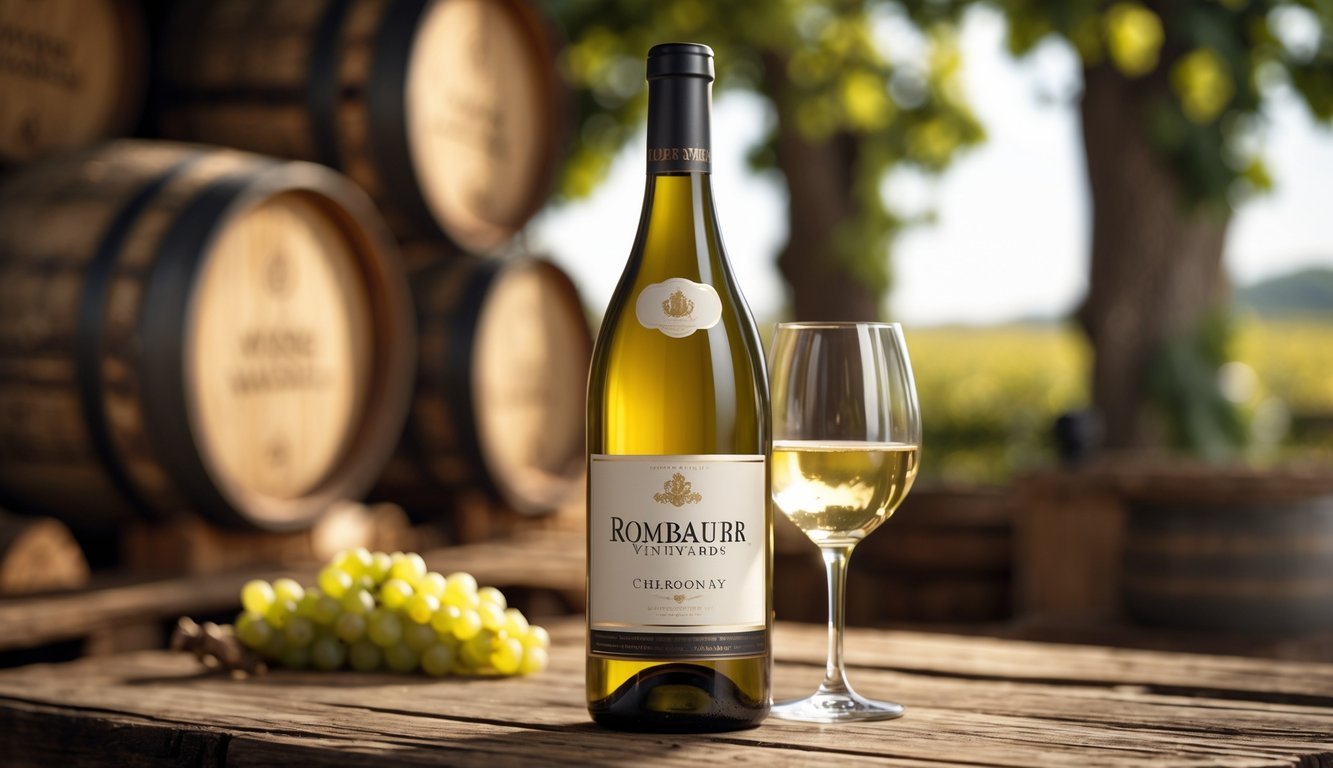 A bottle of Rombauer Vineyards Chardonnay white wine next to a filled wine glass on a wooden table with a softly lit vineyard background.