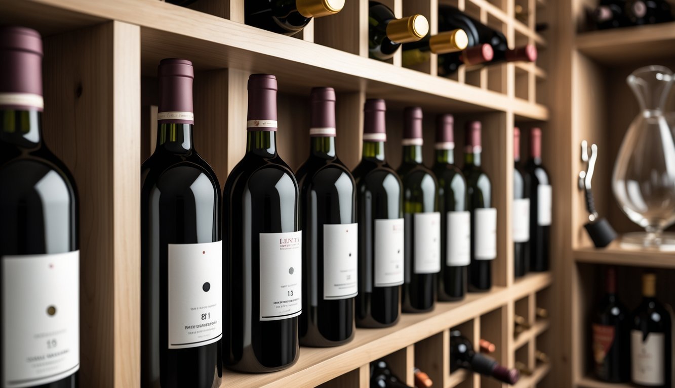 Wine bottles stored horizontally on wooden racks with small labels near the neck indicating opening dates, surrounded by wine accessories.