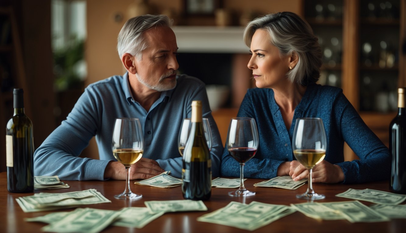 A couple sitting apart at a dining table with wine glasses, looking tense and distant, with empty wine bottles and bills on the table.