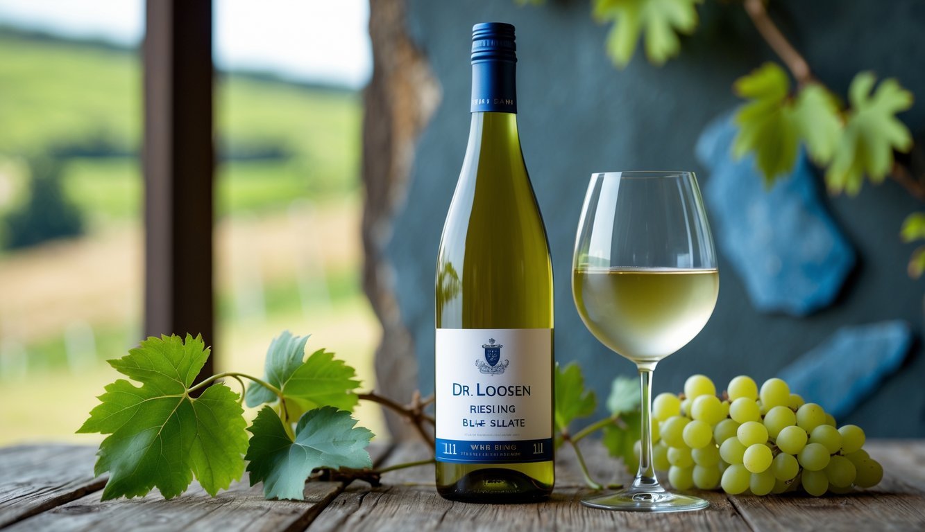 A bottle of Dr. Loosen Riesling Blue Slate 11 white wine next to a filled wine glass on a wooden table with grape leaves and white grapes nearby.