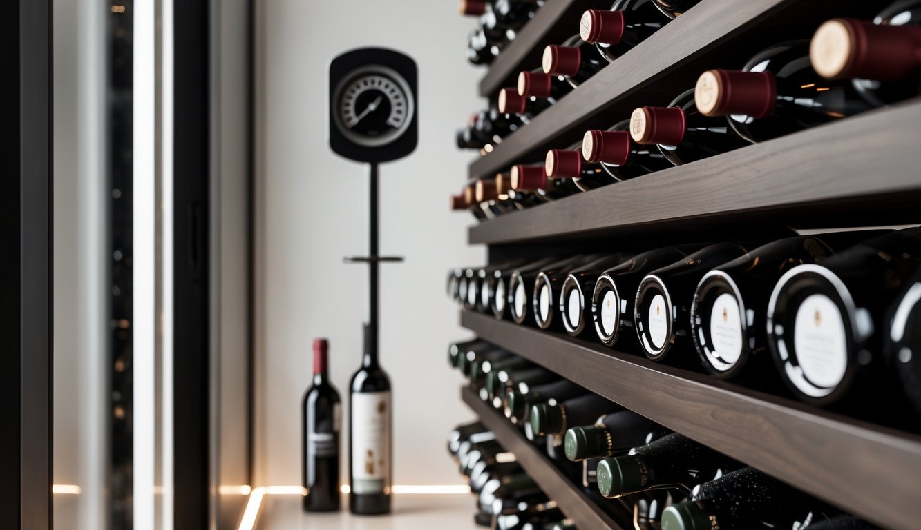 A modern wine rack holding several wine bottles horizontally with a hygrometer and temperature control device nearby in a clean, well-lit room.