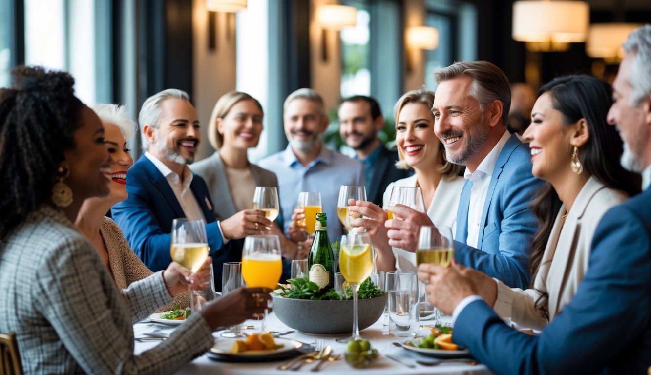 A group of adults enjoying a social event indoors, smiling and holding non-alcoholic drinks while talking and having fun.
