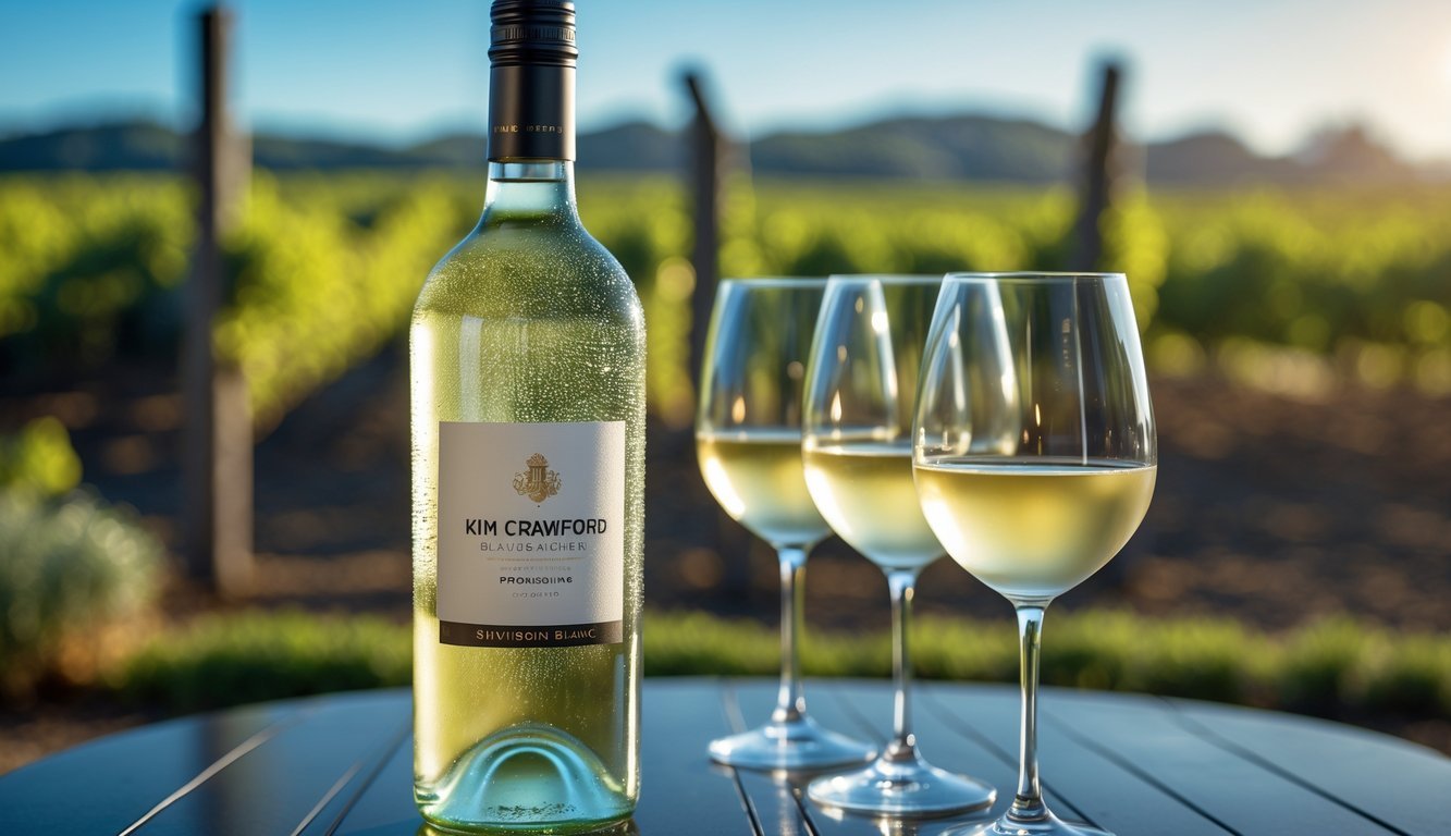 A chilled bottle of Kim Crawford Sauvignon Blanc on a wooden table with glasses of white wine and a blurred vineyard in the background.