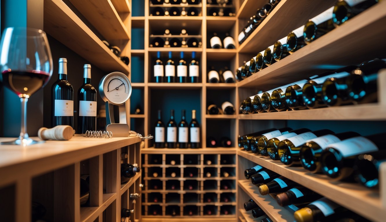 A neatly organized wine rack with bottles stored horizontally, a temperature gauge, a wine glass with red wine, and a corkscrew on a wooden surface.