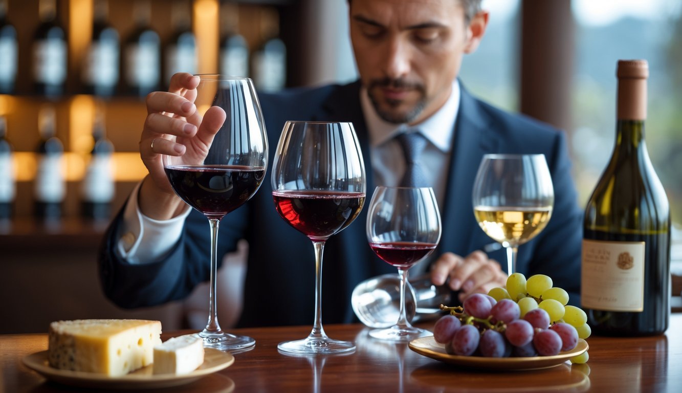 A person carefully examining a glass of red wine at a table with wine glasses, a bottle, a decanter, and a plate of cheese and grapes.