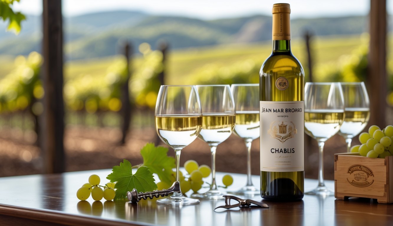 A bottle of Jean-Marc Brocard Chablis white wine on a wooden table with glasses of white wine and a vineyard in the background.