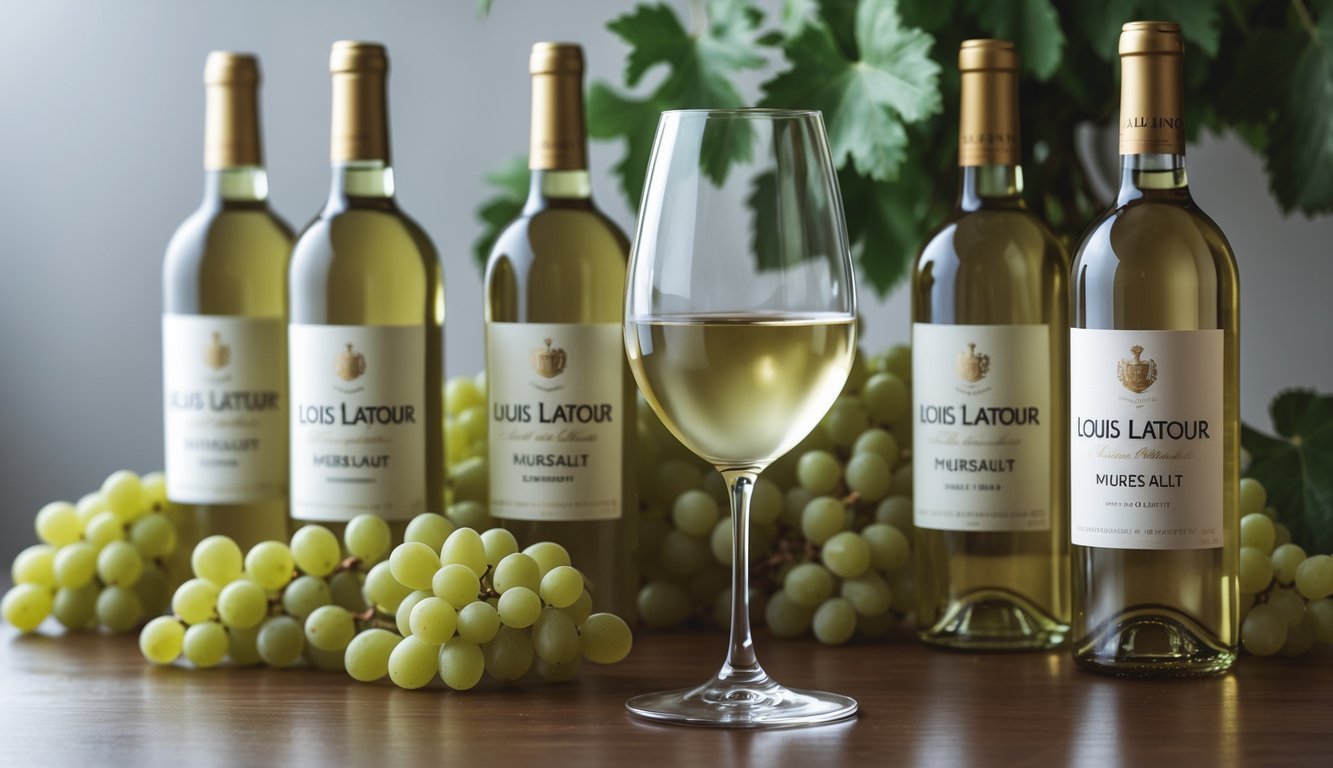 A glass of pale golden white wine on a wooden table surrounded by bottles of white wine and fresh grapes.