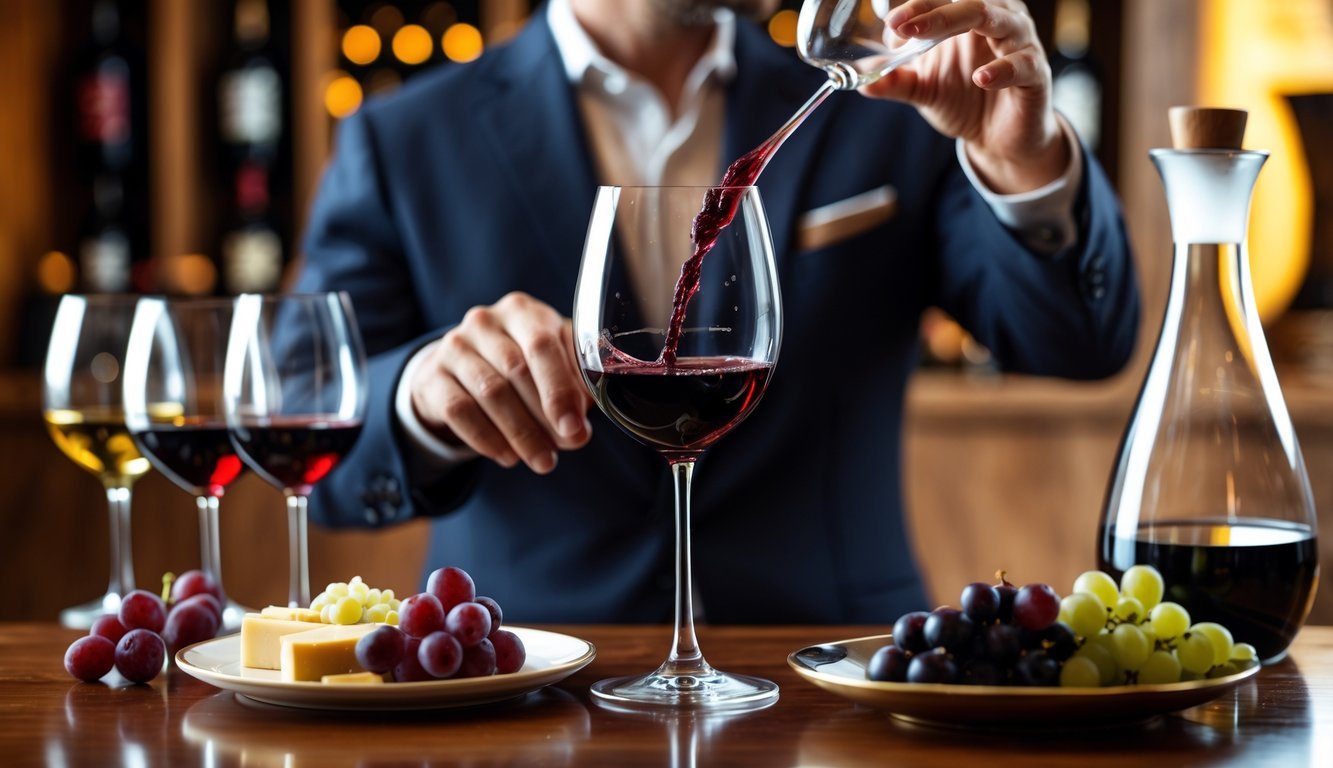 Person holding a wine glass by the stem, swirling red wine, with wine glasses, a decanter, and cheese on a wooden table in an elegant tasting room.