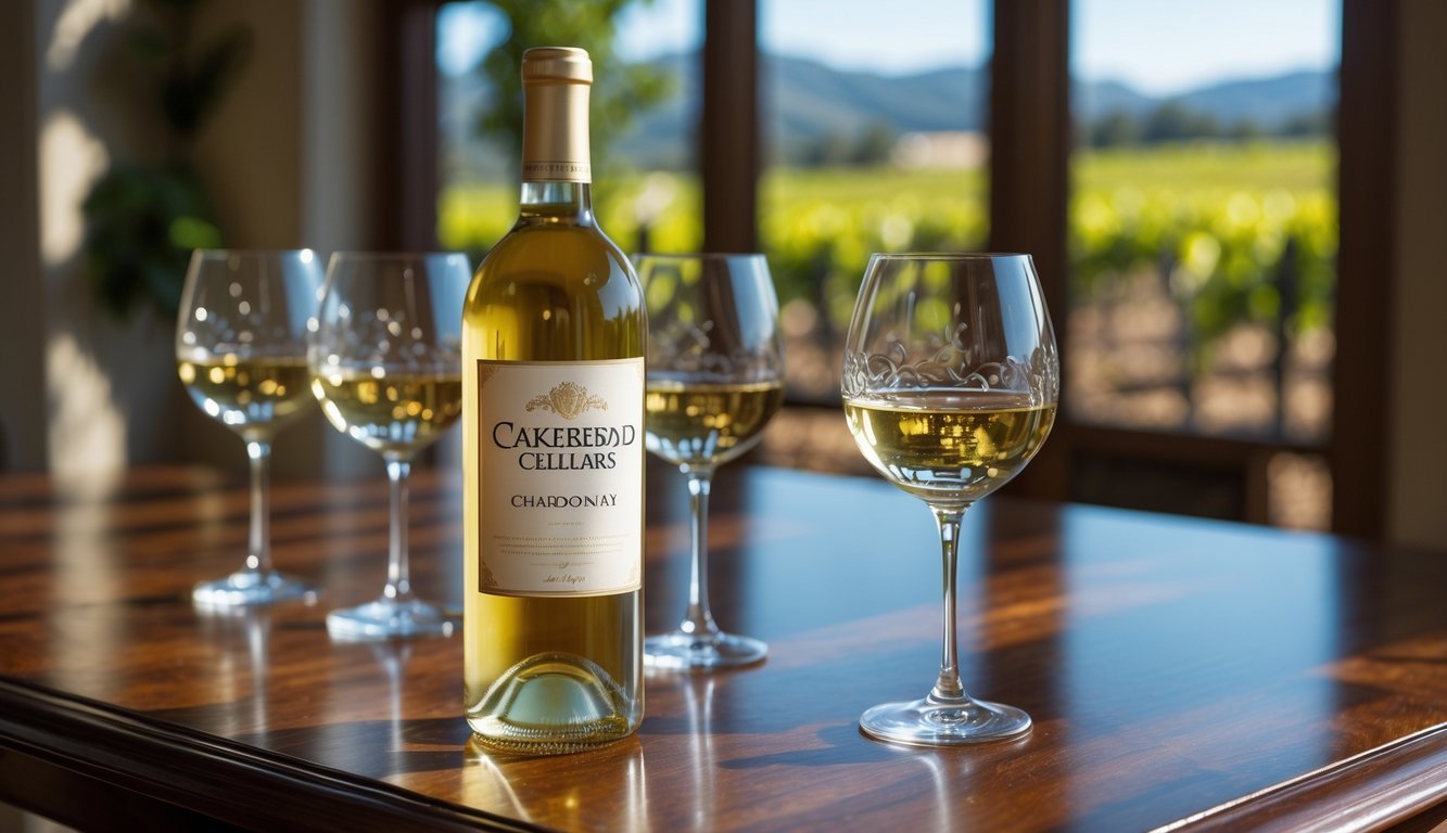 A bottle of Cakebread Cellars Chardonnay on a wooden table with filled wine glasses and a vineyard visible through a window in the background.
