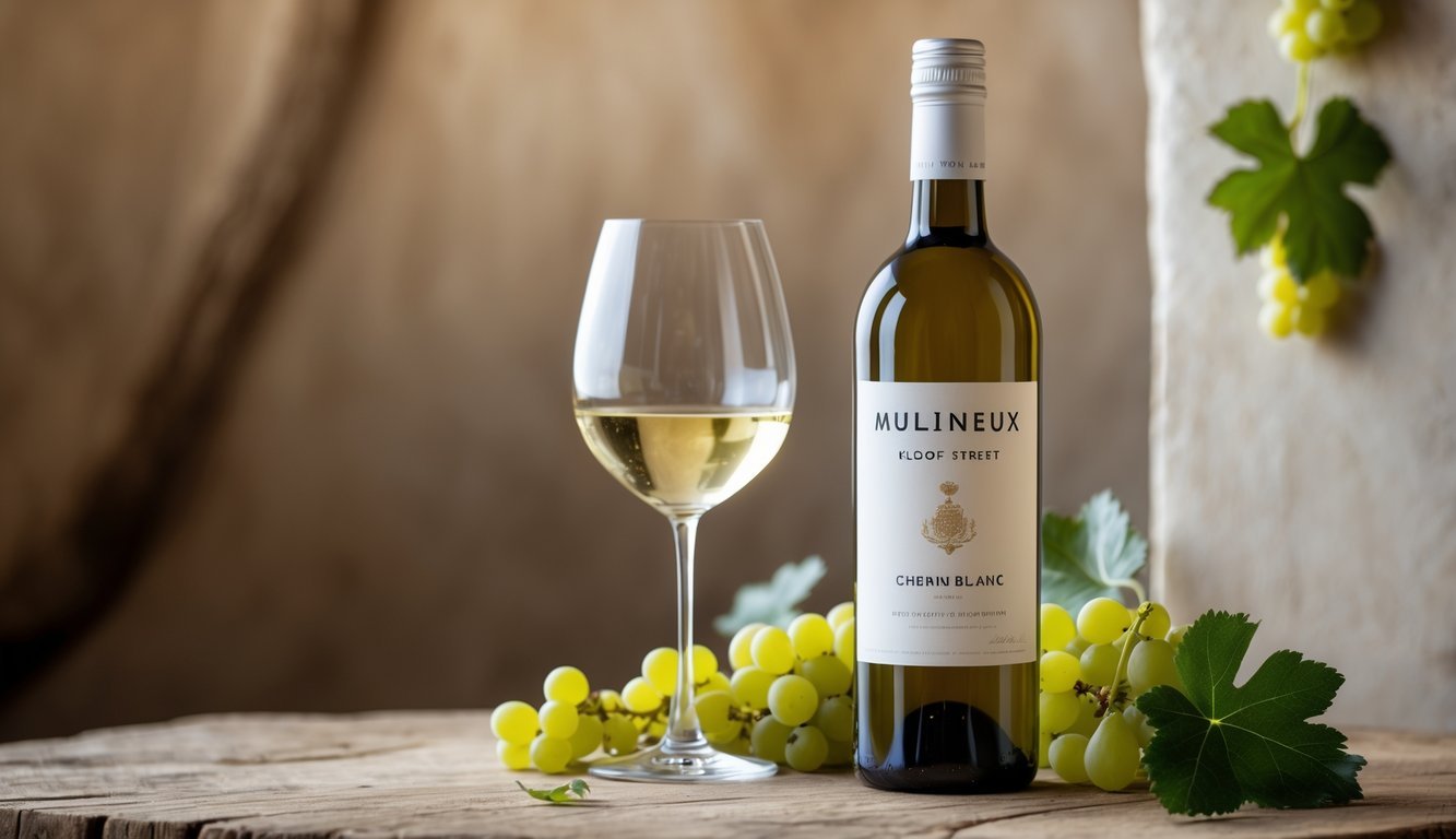 A bottle of white wine with a glass of wine and green grapes on a wooden table in a softly lit setting.
