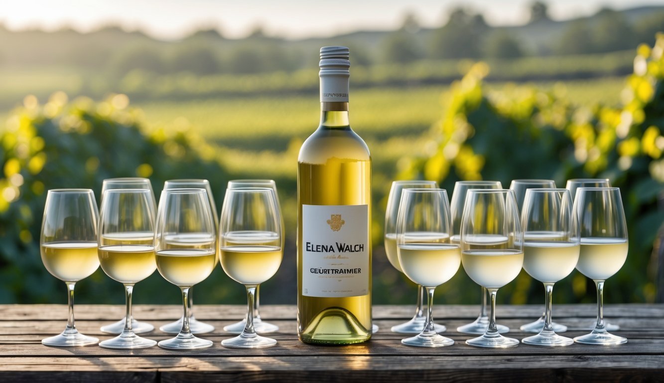 A bottle of Elena Walch Gewürztraminer white wine on a wooden table surrounded by eleven glasses of white wine with a vineyard in the background.