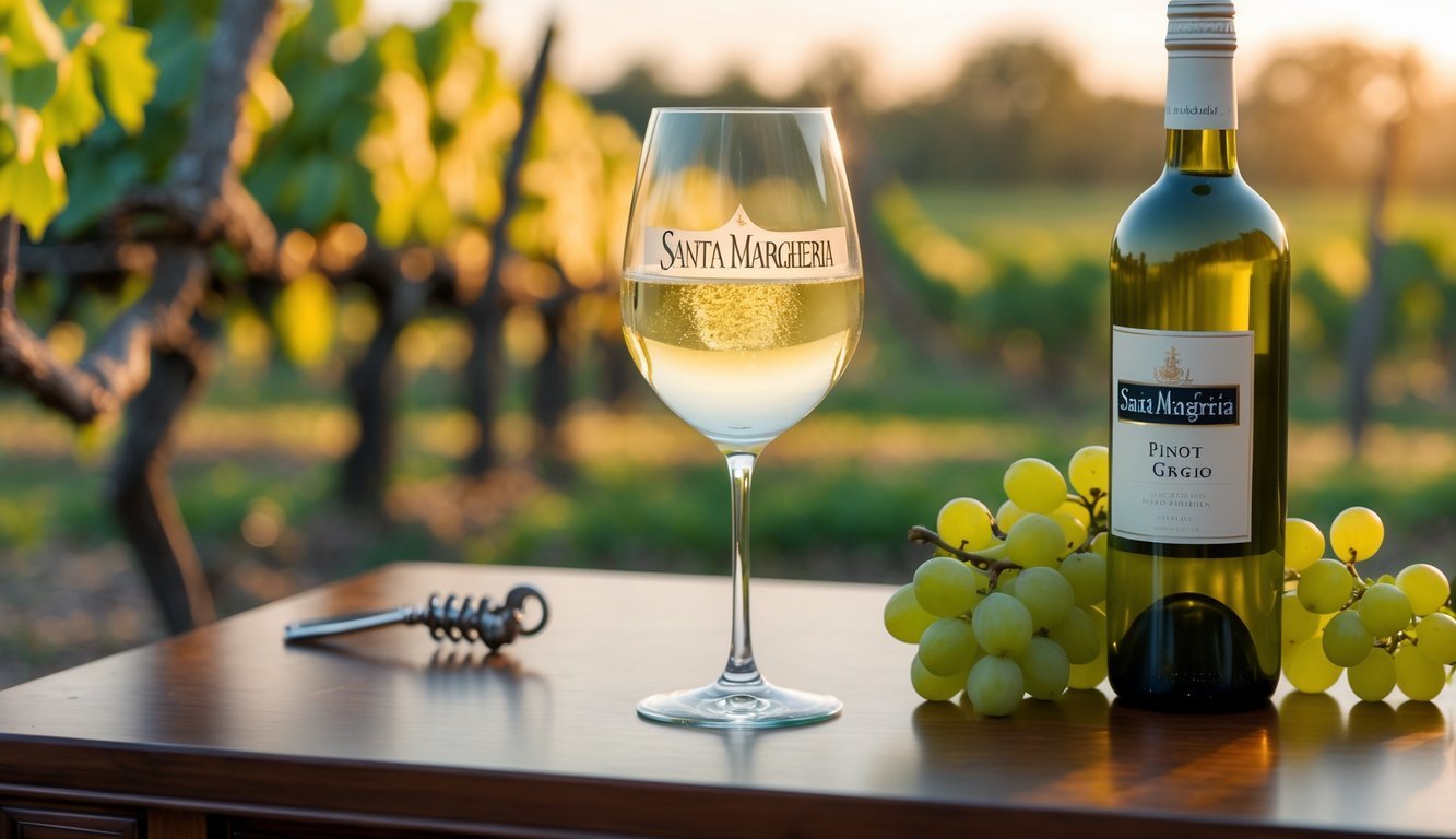 A glass of white wine on a wooden table with grapes and a wine bottle, set against a sunlit vineyard background.