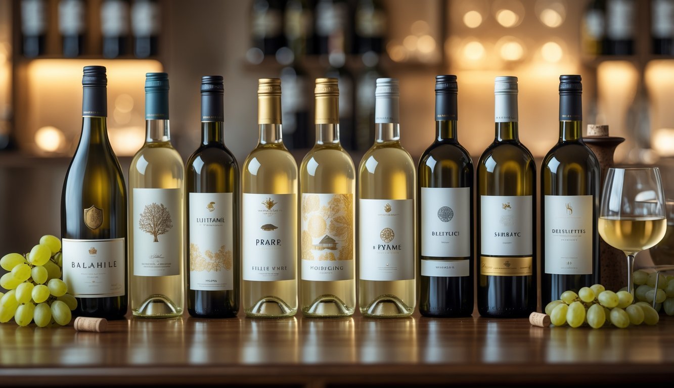 Eleven bottles of white wine with glasses filled with white wine arranged on a wooden table with grapes and wine accessories.