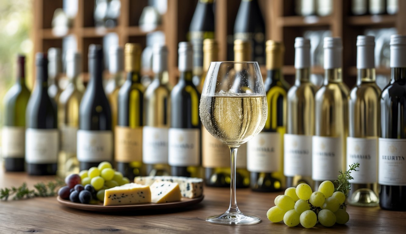 A glass of white wine on a wooden table with eleven white wine bottles and small plates of cheese and grapes in the background.