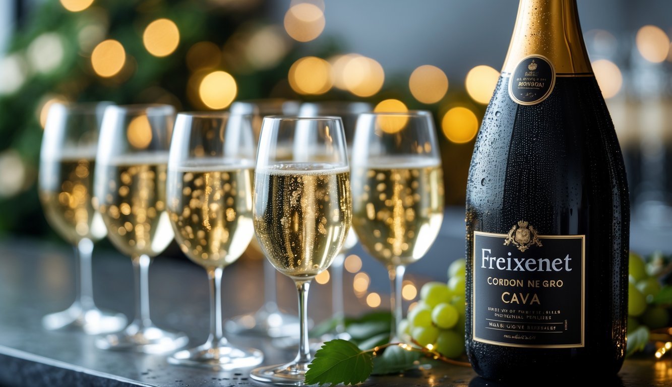A bottle of Freixenet Cordon Negro Cava with chilled sparkling wine glasses on a bar counter in a warm, festive setting.