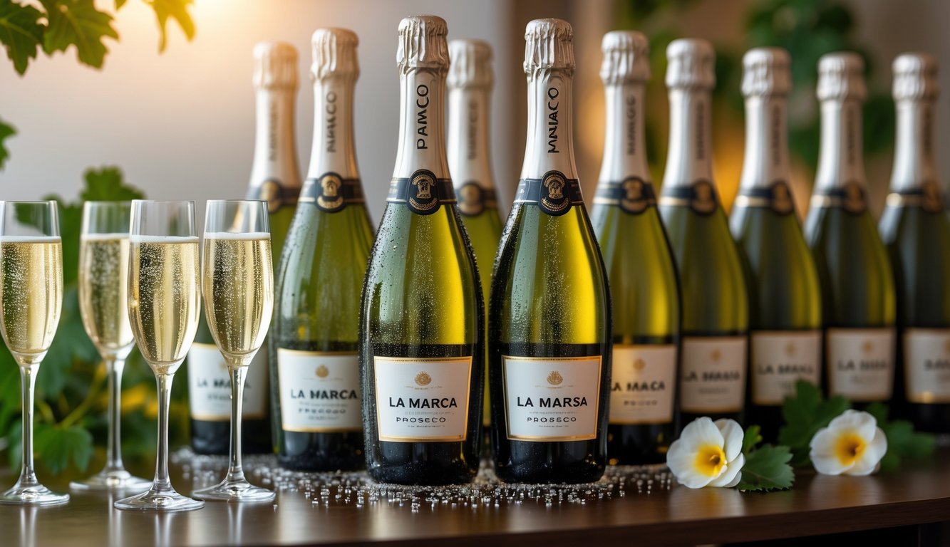 Ten bottles of La Marca Prosecco sparkling wine on a wooden table with filled champagne flutes and grapevines in a softly lit setting.