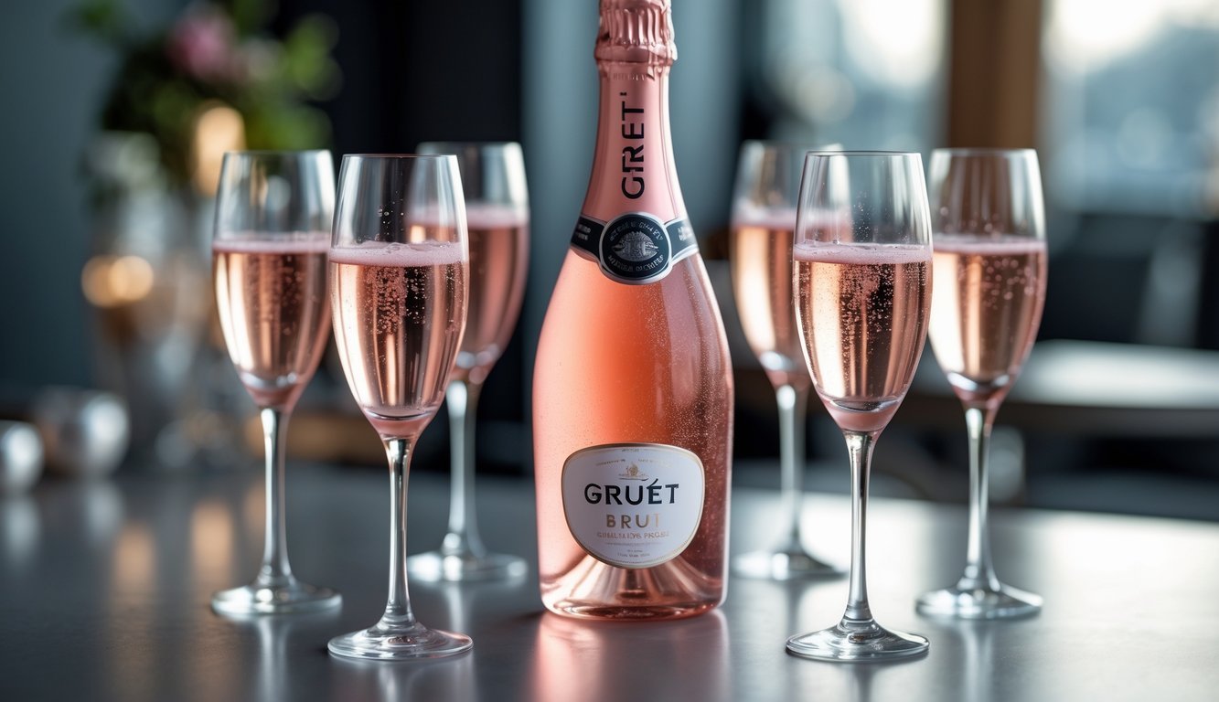 A chilled bottle of Gruet Brut Rosé sparkling wine with filled glasses on a table in an elegant setting.