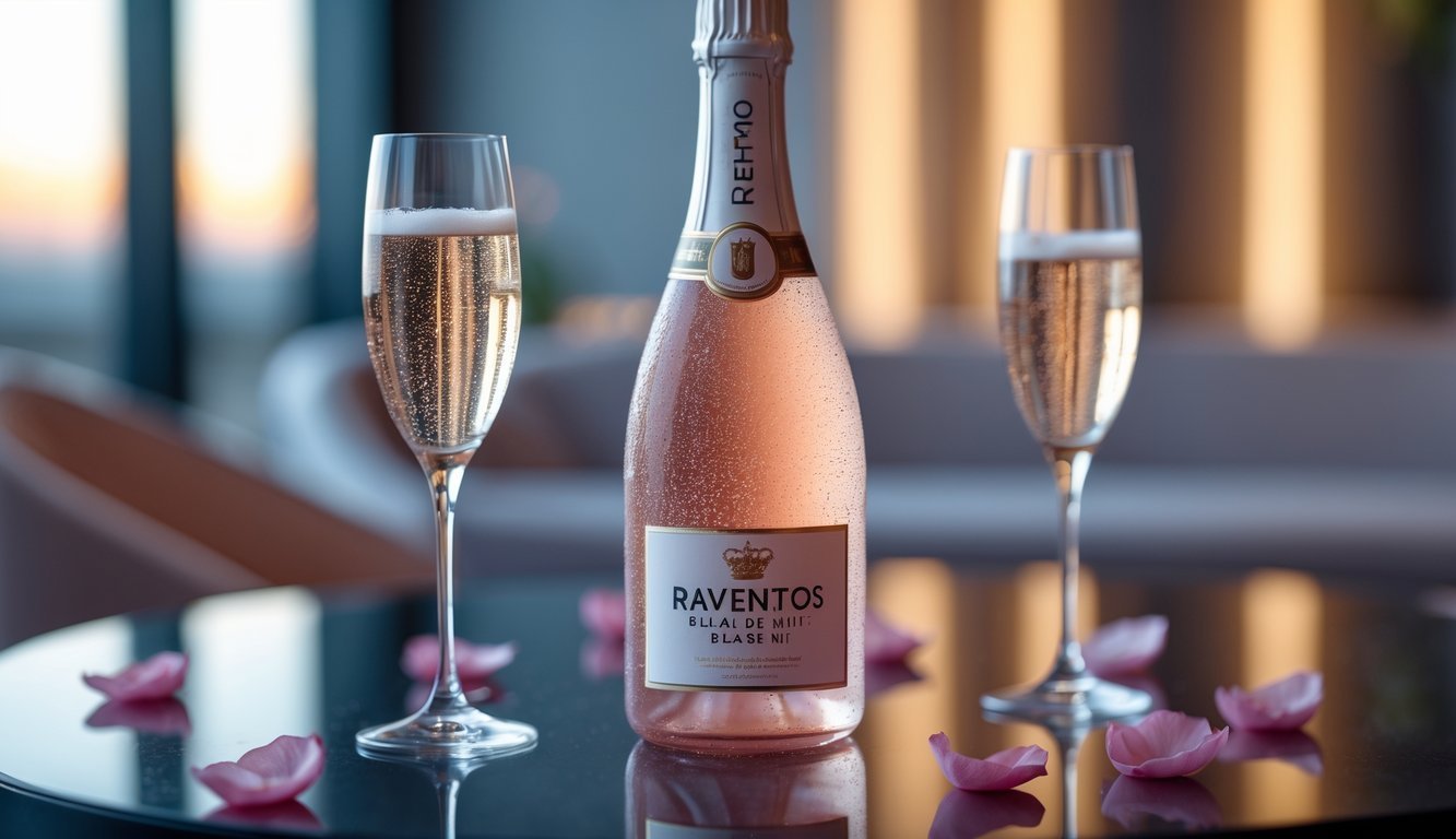 A chilled bottle of Raventos i Blanc De Nit Rosé sparkling wine with two filled glasses on a table in a warm, softly lit setting.