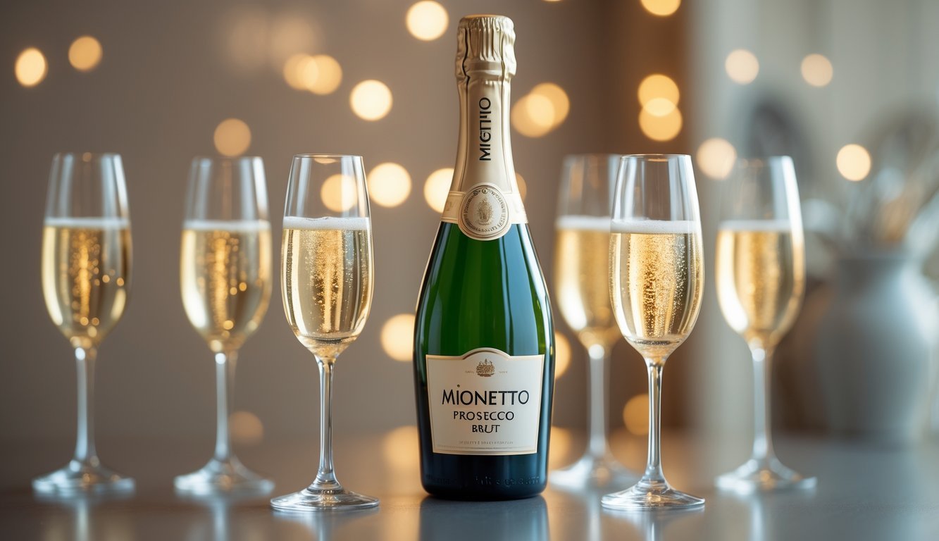 A chilled bottle of Mionetto Prosecco Brut with glasses of sparkling wine on a reflective surface in a stylish celebration setting.
